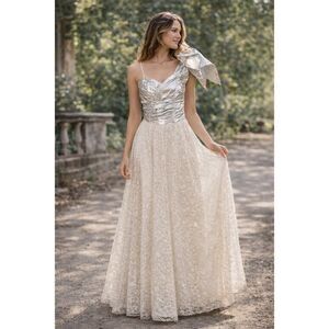 Vintage Gunne Sax Jessica McClintock Silver Lurex Lace Prom Dress 7 80’s 90’s